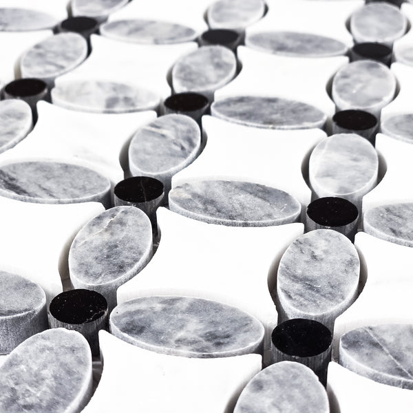Pacific Gray Fleur with Pearl White and Black Dot Mosaic Polished - Elon Tile & Stone