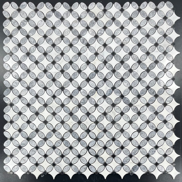 Pacific Gray Fleur with Pearl White and Black Dot Mosaic Polished - Elon Tile & Stone