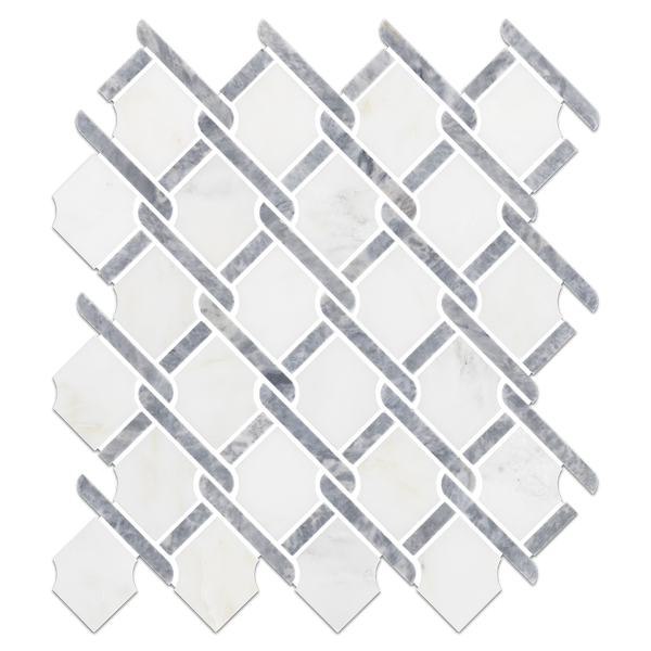 Pearl White Argyle with Pacific Gray Bar Mosaic Honed