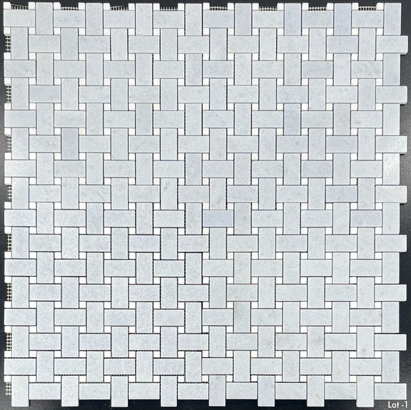 Blue Celeste Basketweave with 3/8" White Thassos Dot Mosaic Polished