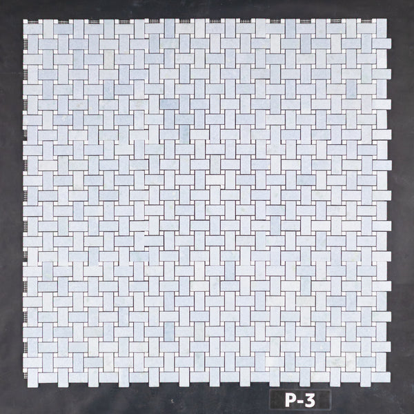 Blue Celeste Basketweave with 3/8" White Thassos Dot Mosaic Polished - Elon Tile & Stone