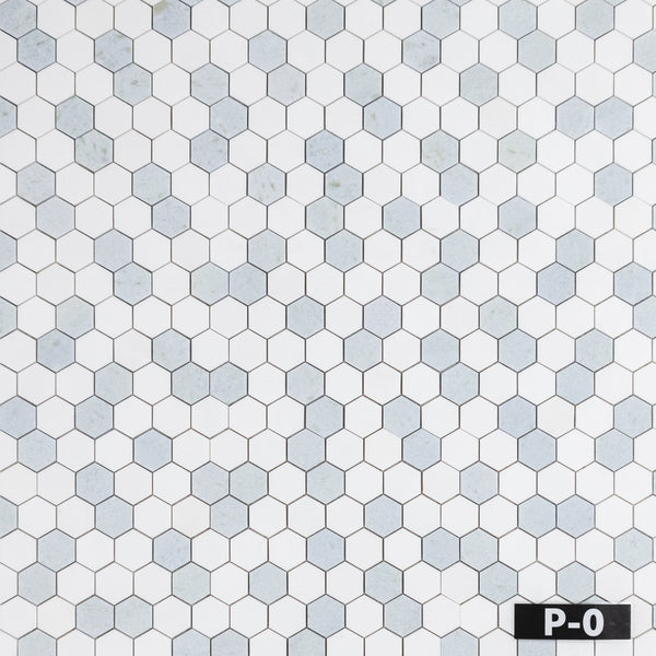 Mosaico hexagonal blanco Thassos y azul Celeste de 2" pulido
