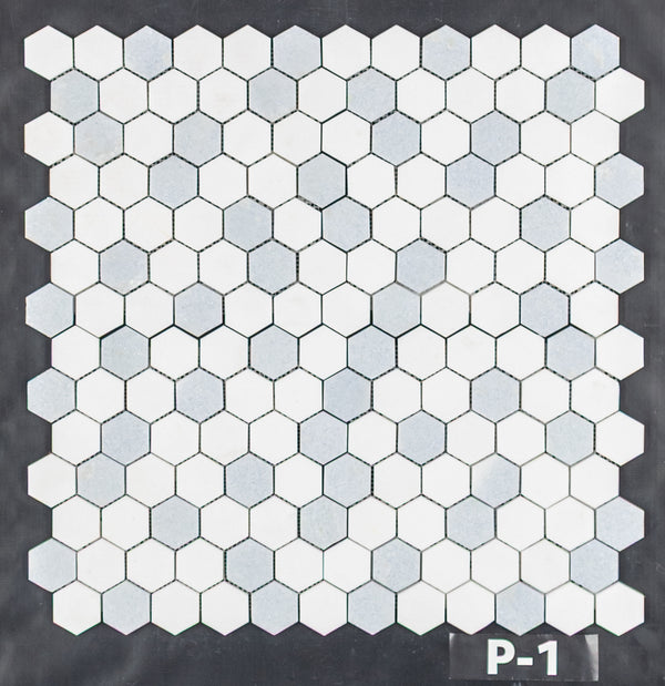 Mosaico hexagonal blanco Thassos y azul Celeste de 2" pulido