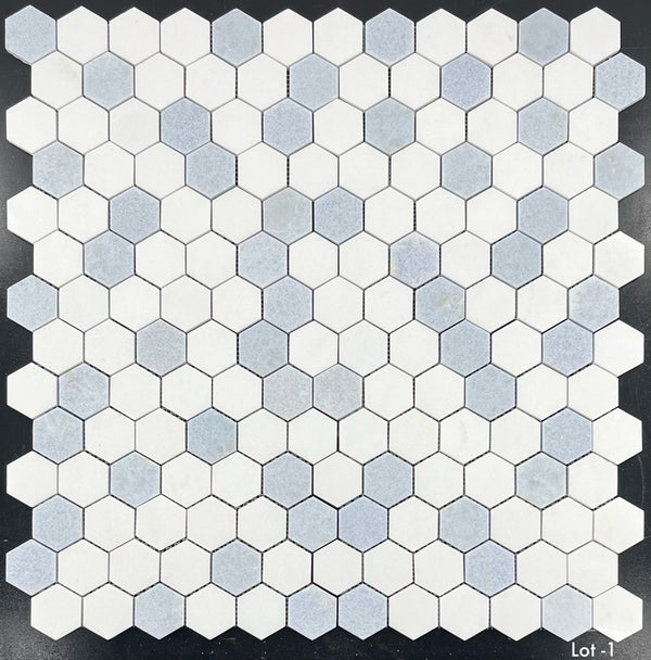 Mosaico hexagonal blanco Thassos y azul Celeste de 2" pulido