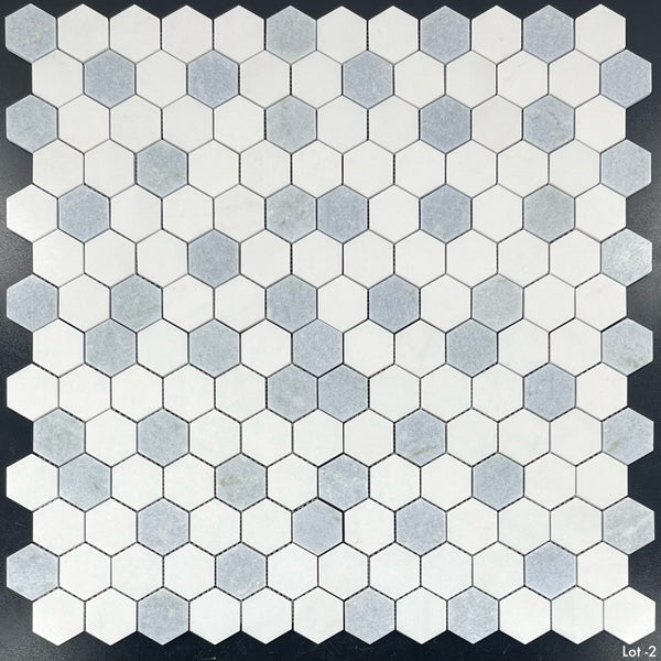 Mosaico hexagonal blanco Thassos y azul Celeste de 2" pulido