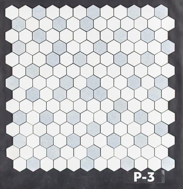 Mosaico hexagonal blanco Thassos y azul Celeste de 2" pulido