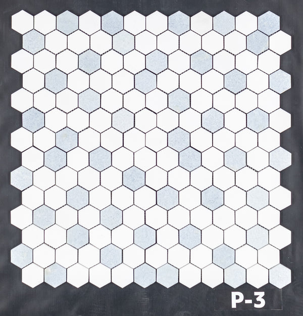 Mosaico hexagonal blanco Thassos y azul Celeste de 2" pulido