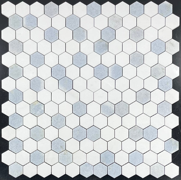 White Thassos and Blue Celeste 2" Hexagon Mosaic Polished