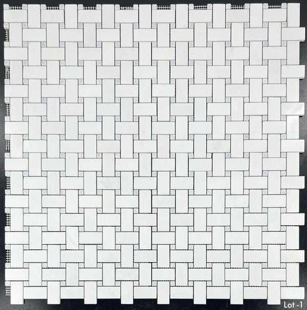 White Thassos Basketweave with 3/8" Blue Celeste Dot Mosaic Polished