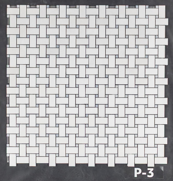 White Thassos Basketweave with 3/8" Blue Celeste Dot Mosaic Polished