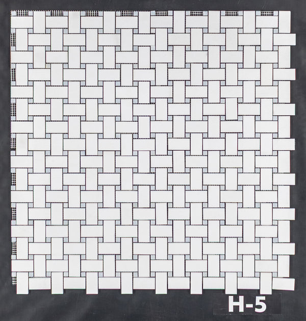 White Thassos Basketweave with 3/8" Blue Celeste Dot Mosaic Polished