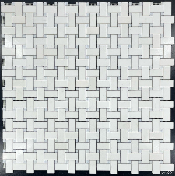 White Thassos Basketweave with 3/8" Blue Celeste Dot Mosaic Polished