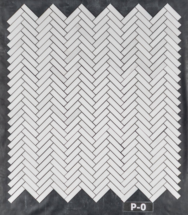White Thassos 1" x 4" Herringbone Mosaic Polished