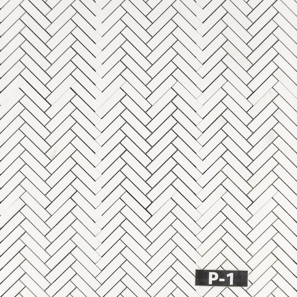White Thassos 1" x 4" Herringbone Mosaic Polished