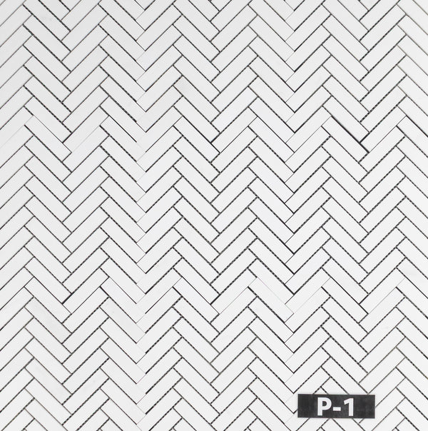 White Thassos 1" x 4" Herringbone Mosaic Polished