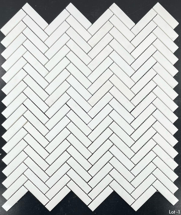 White Thassos 1" x 4" Herringbone Mosaic Polished