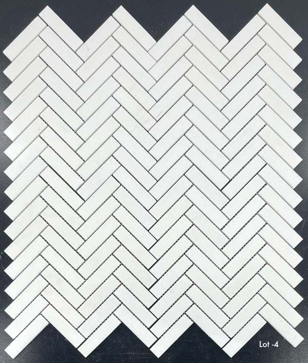 White Thassos 1" x 4" Herringbone Mosaic Polished