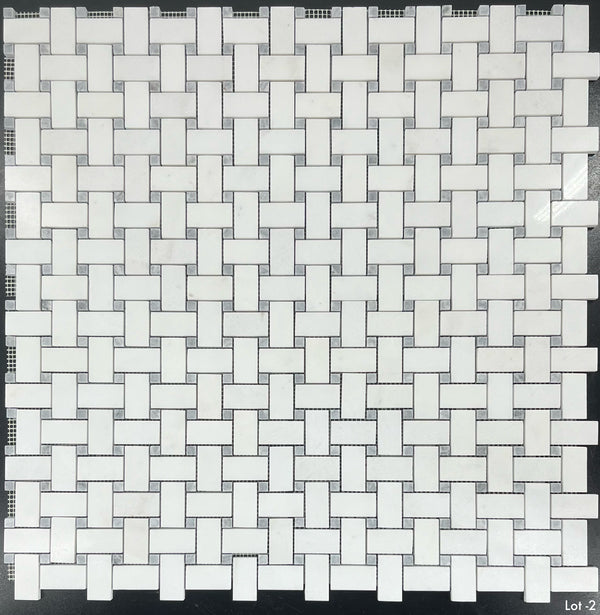 White Thassos Basketweave with 3/8" Pacific Gray Dot Mosaic Polished