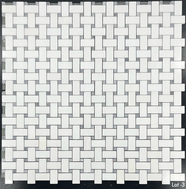 White Thassos Basketweave with 3/8" Pacific Gray Dot Mosaic Polished