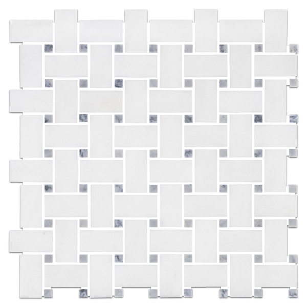 White Thassos Basketweave with 3/8" Pacific Gray Dot Mosaic Polished