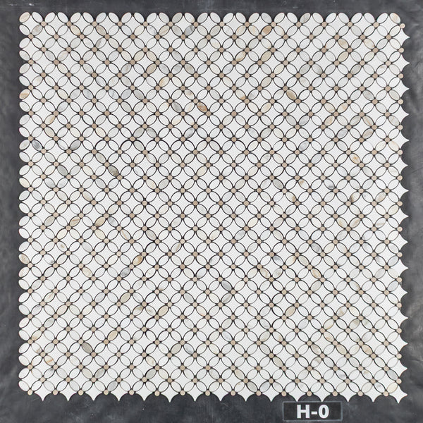 Calacatta Fleur with White Thassos and Crema Marfil Dot Mosaic Honed