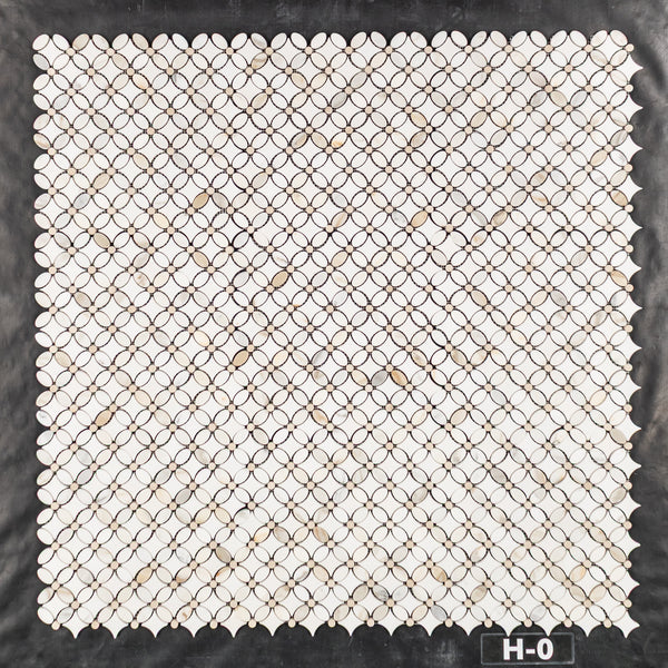 Calacatta Fleur with White Thassos and Crema Marfil Dot Mosaic Honed