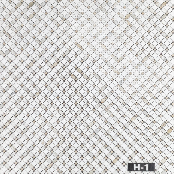 Calacatta Fleur with White Thassos and Crema Marfil Dot Mosaic Honed