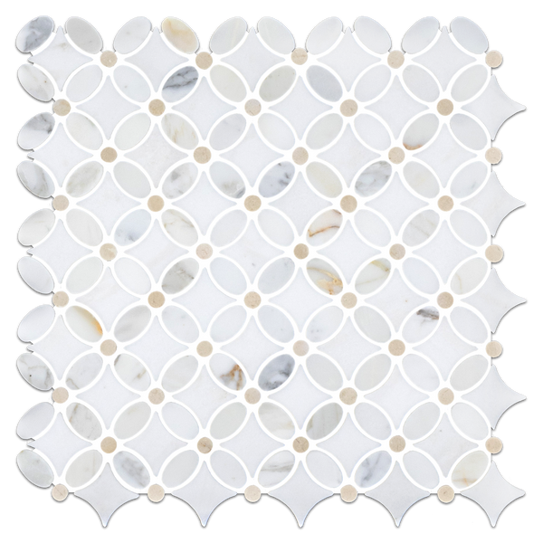 Calacatta Fleur with White Thassos and Crema Marfil Dot Mosaic Honed