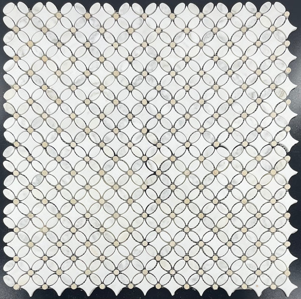 Calacatta Fleur with White Thassos and Crema Marfil Dot Mosaic Honed