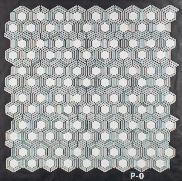 White Thassos Kaleidoscope with Blue Celeste and Ming Green Mosaic Polished
