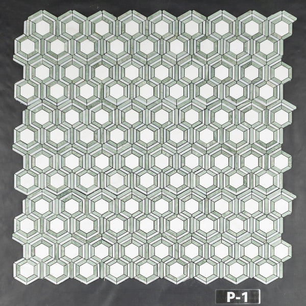 White Thassos Kaleidoscope with Blue Celeste and Ming Green Mosaic Polished