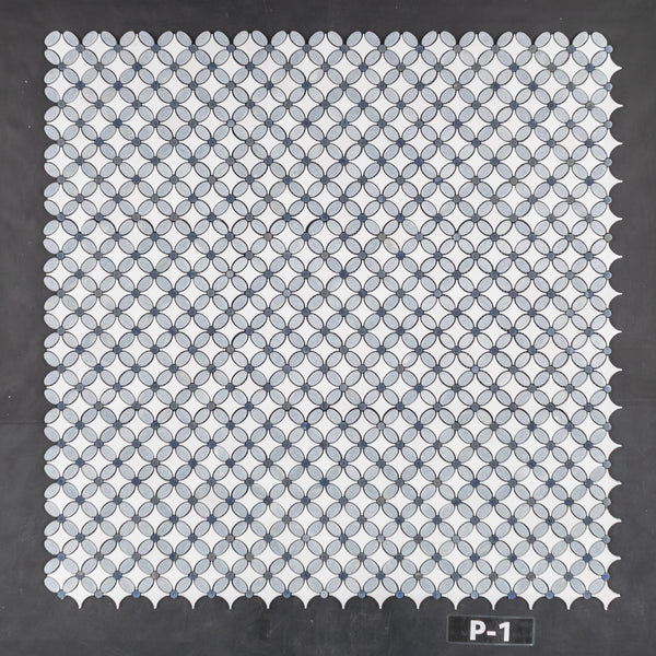 Azul Celeste Fleur con Thassos blanco y mosaico de puntos Azul Macauba pulido