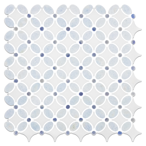 Azul Celeste Fleur con Thassos blanco y mosaico de puntos Azul Macauba pulido