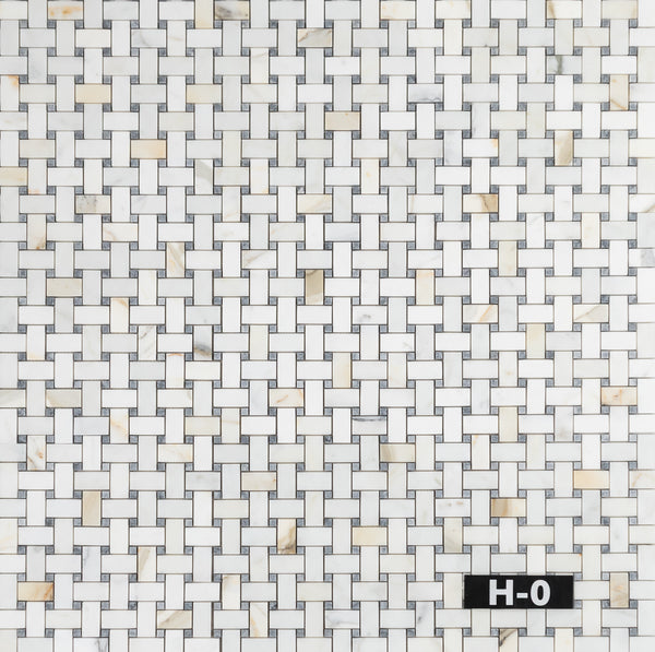 Calacatta Gold Basketweave with 3/8" Pacific Gray Dot Mosaic Honed