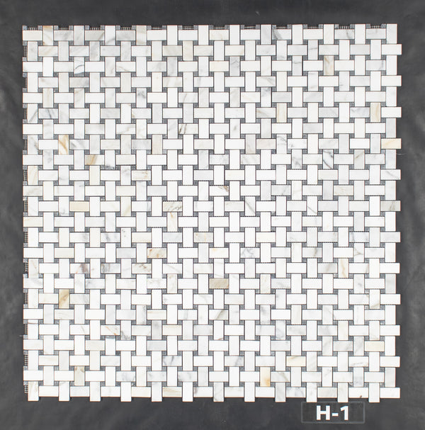 Tejido de cesta dorado Calacatta con mosaico de puntos grises pacíficos de 3/8" pulido