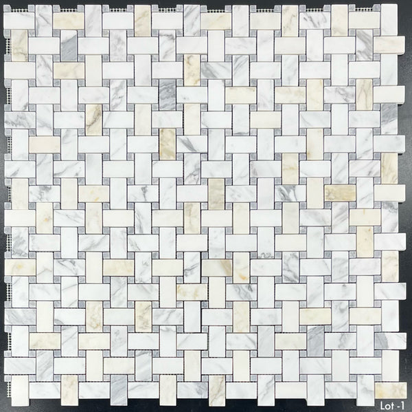 Calacatta Gold Basketweave with 3/8" Pacific Gray Dot Mosaic Honed