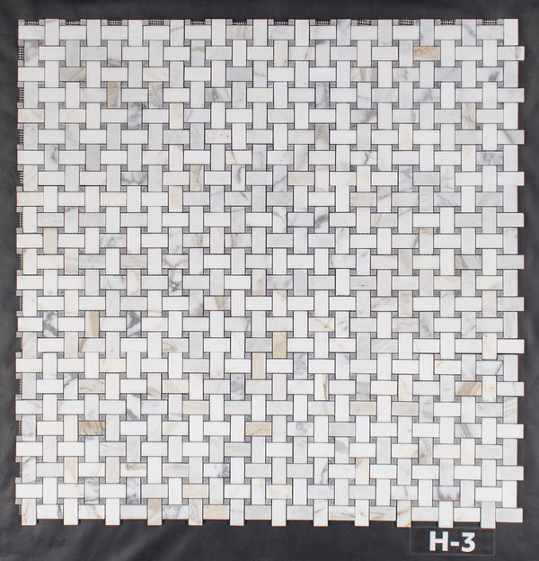 Calacatta Gold Basketweave with 3/8" Pacific Gray Dot Mosaic Honed