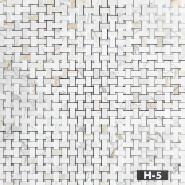 Calacatta Gold Basketweave with 3/8" Pacific Gray Dot Mosaic Honed
