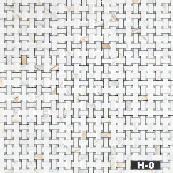 Calacatta Gold Basketweave with 3/8" Pacific Gray Dot Mosaic Honed