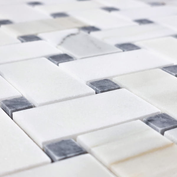 Calacatta Gold Basketweave with 3/8" Pacific Gray Dot Mosaic Honed - Elon Tile & Stone