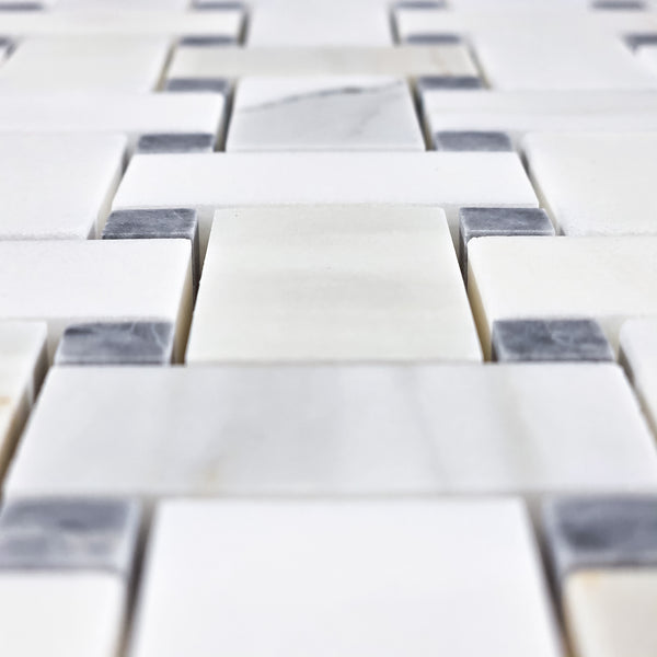Calacatta Gold Basketweave with 3/8" Pacific Gray Dot Mosaic Honed - Elon Tile & Stone