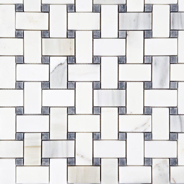 Calacatta Gold Basketweave with 3/8" Pacific Gray Dot Mosaic Honed - Elon Tile & Stone