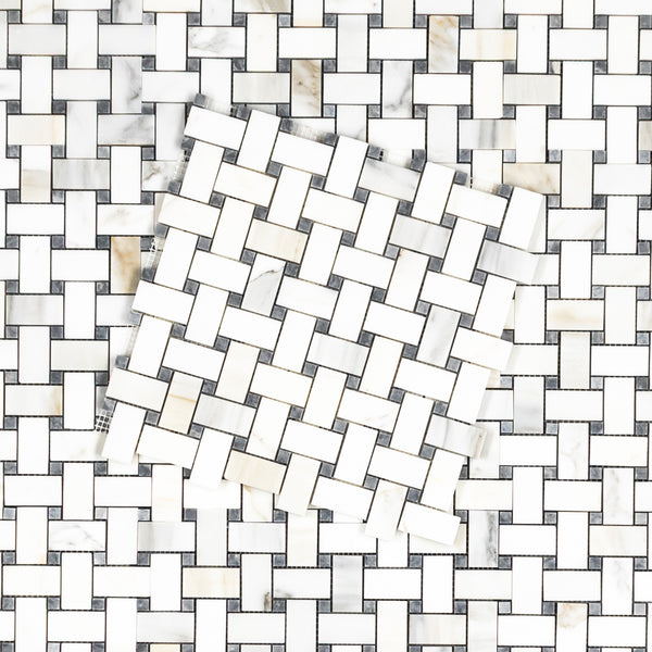 Calacatta Gold Basketweave with 3/8" Pacific Gray Dot Mosaic Honed - Elon Tile & Stone