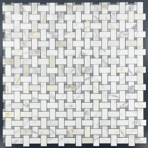 Tejido de cesta dorado Calacatta con mosaico de puntos grises pacíficos de 3/8" pulido