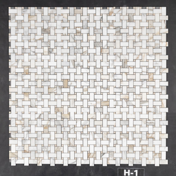 Calacatta Gold Basketweave with 3/8" Crema Marfil Dot Mosaic Honed - Elon Tile & Stone