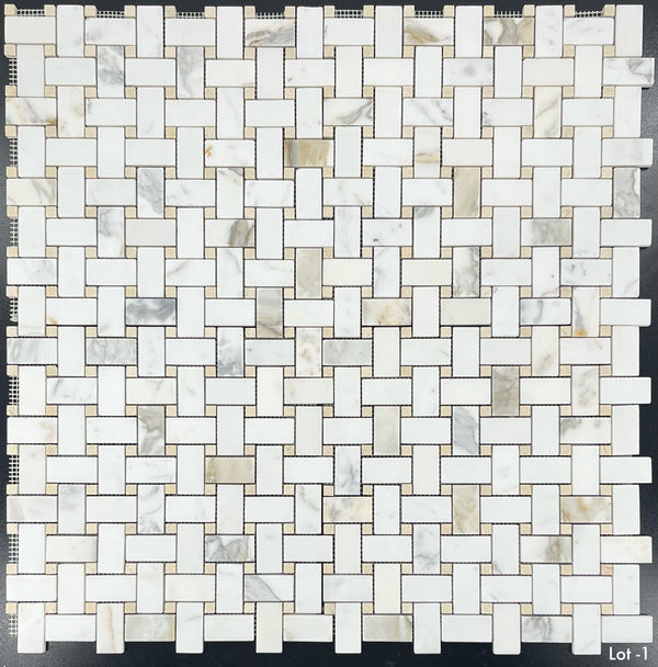 Tejido de cesta Calacatta Gold con mosaico de puntos Crema Marfil de 3/8" pulido