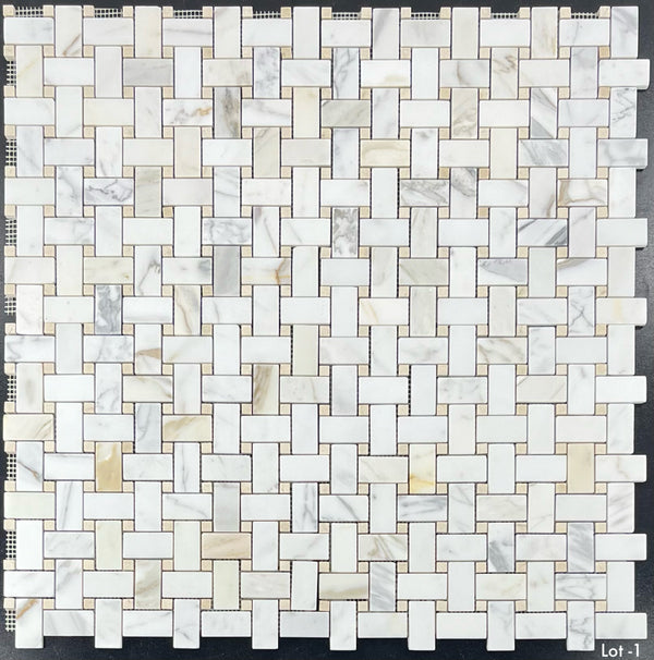Tejido de cesta Calacatta Gold con mosaico de puntos Crema Marfil de 3/8" pulido