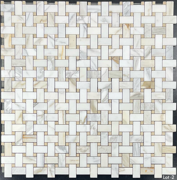 Tejido de cesta Calacatta Gold con mosaico de puntos Crema Marfil de 3/8" pulido