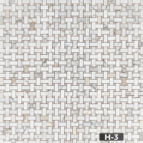 Calacatta Gold Basketweave with 3/8" Crema Marfil Dot Mosaic Honed - Elon Tile & Stone