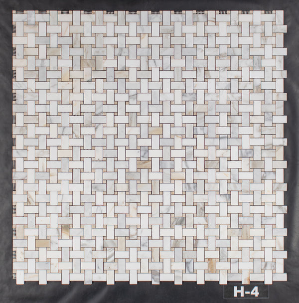 Calacatta Gold Basketweave with 3/8" Crema Marfil Dot Mosaic Honed